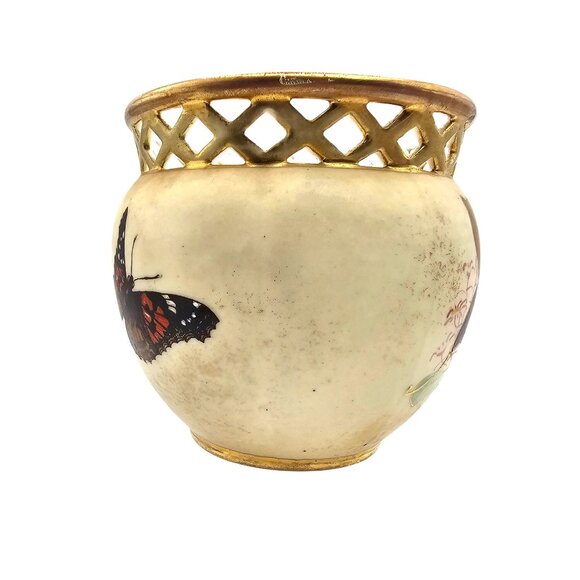 Antique 1893 Robert Hanke Porcelain Vase Lattice Rim Orchid Butterfly Design - Picture 10 of 16